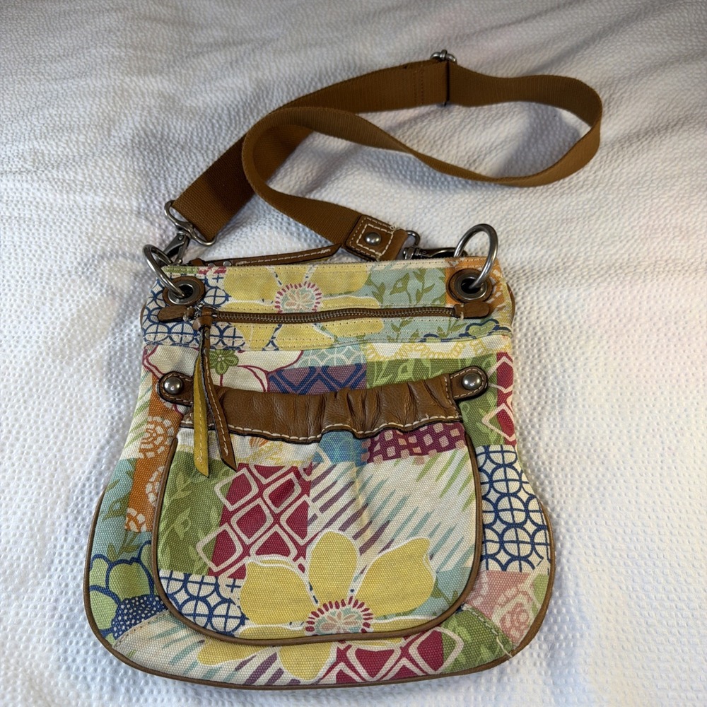 Fossil Original Brand Floral Crossbody Bag Zip Closure Brown Strap Pockets